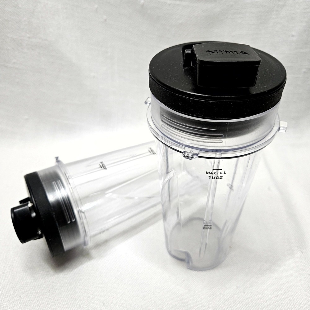 Ninja Blender Cups 16oz Clear Black Set of 2 Replacement Sip and Seal Lids Nutri